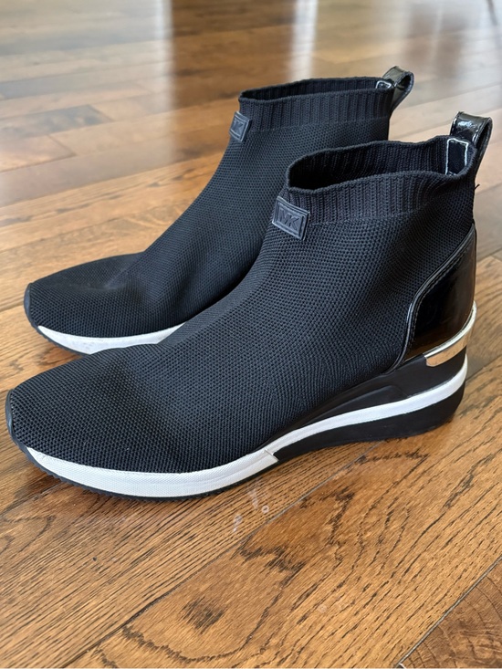 Michael Kors Shoes - Michael Kors Skyler Bootie Black Soft Knit Patent High Top Wedge Sneakers Sz 8